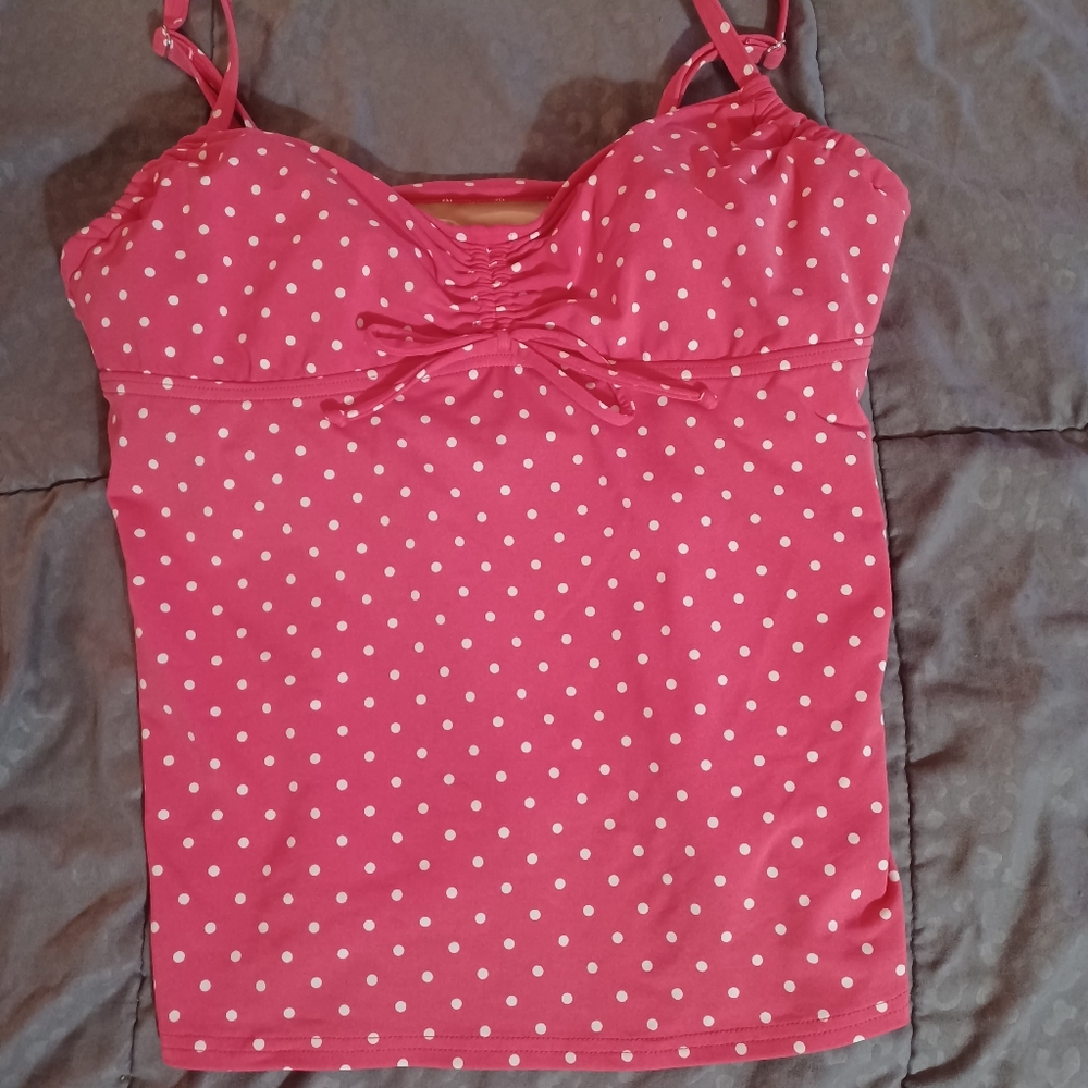 Lands' End Swim Tankini Top Women 10 Pink White Polka Dot Underwire Swimsuit
